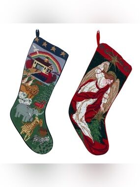 Vintage Needlepoint Handmade Noah’s Ark & Angel Christmas Stockings